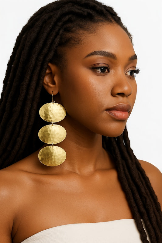 Triple Oval Brass Drop Earrings – Handmade Hammered Statement Jewellery