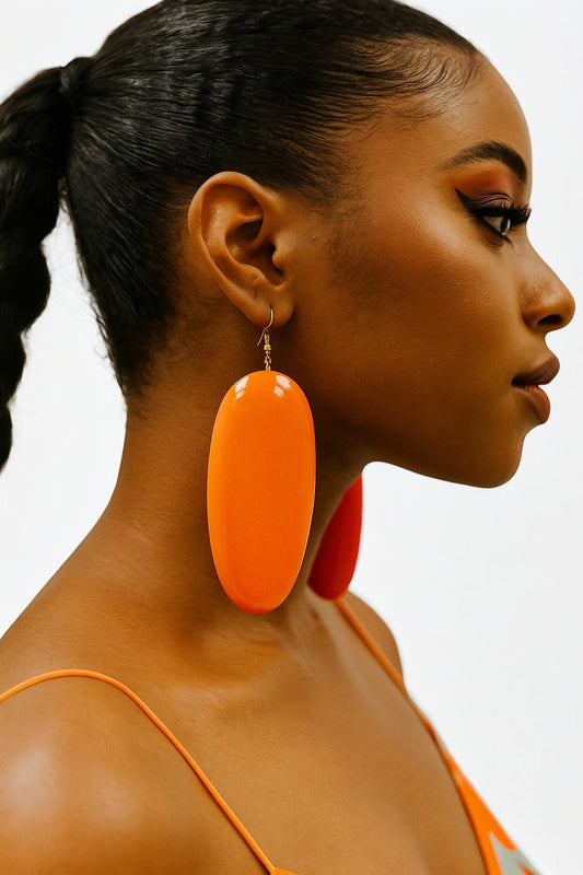 African Earrings – Oversized Orange Wooden Oval Statement Dangle Jewellery