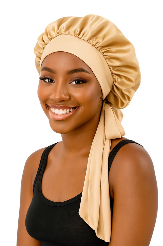 Satin Silk Bonnet Cap with Long Wide Ties – Single Layer Sleep Hair Wrap - Fatisha Boutique #