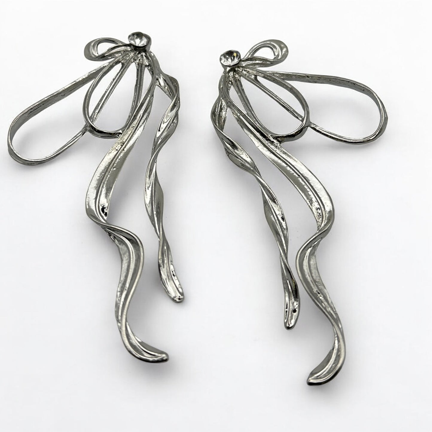 Silver Bow Rhinestone Statement Earrings – Elegant Sparkling Glam