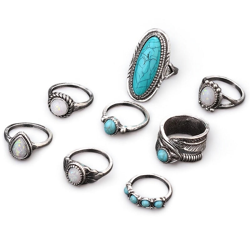 Boho Turquoise & Opal Ring Set – 8-Piece Vintage Silver Knuckle Rings for Women - Fatisha Boutique #