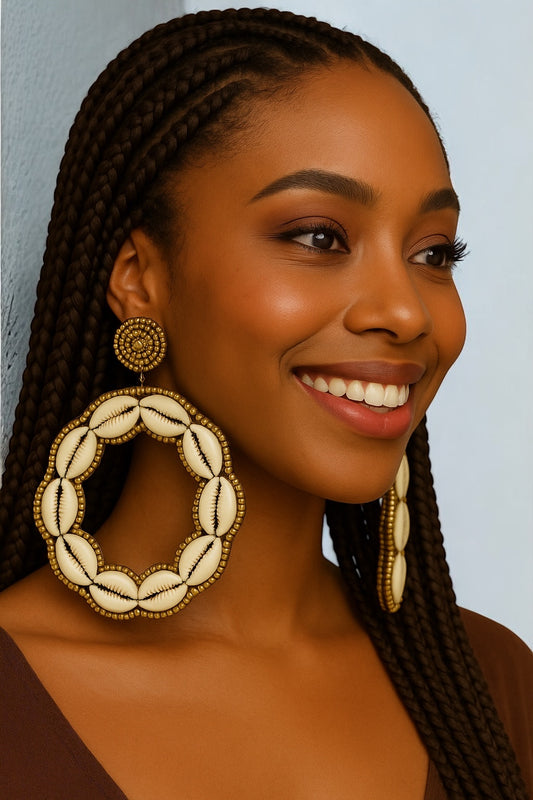 Handmade Cowrie Shell Hoop Earrings – Bold African Tribal Statement - Fatisha Boutique #