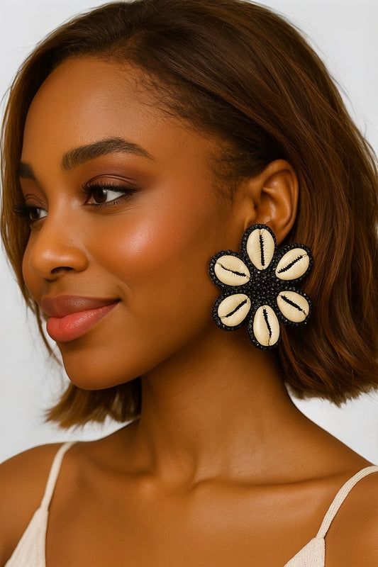 Handmade Cowrie Shell Floral Earrings – Tribal Beaded Statement Jewellery - Fatisha Boutique #