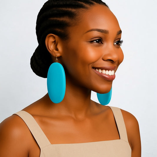 Blue Wooden Oval Dangle Earrings – Handmade Eco-Friendly Boho Chic Ethnic Jewellery for Women UK - Fatisha Boutique #