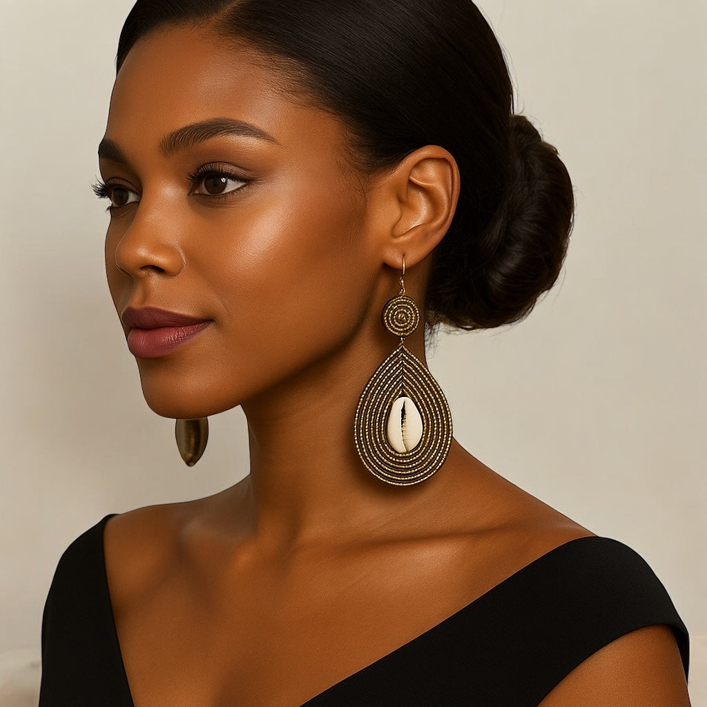 Handmade Gold Beaded Cowrie Shell Earrings – Boho Tribal Drop Jewellery, Island Vibe - Fatisha Boutique #