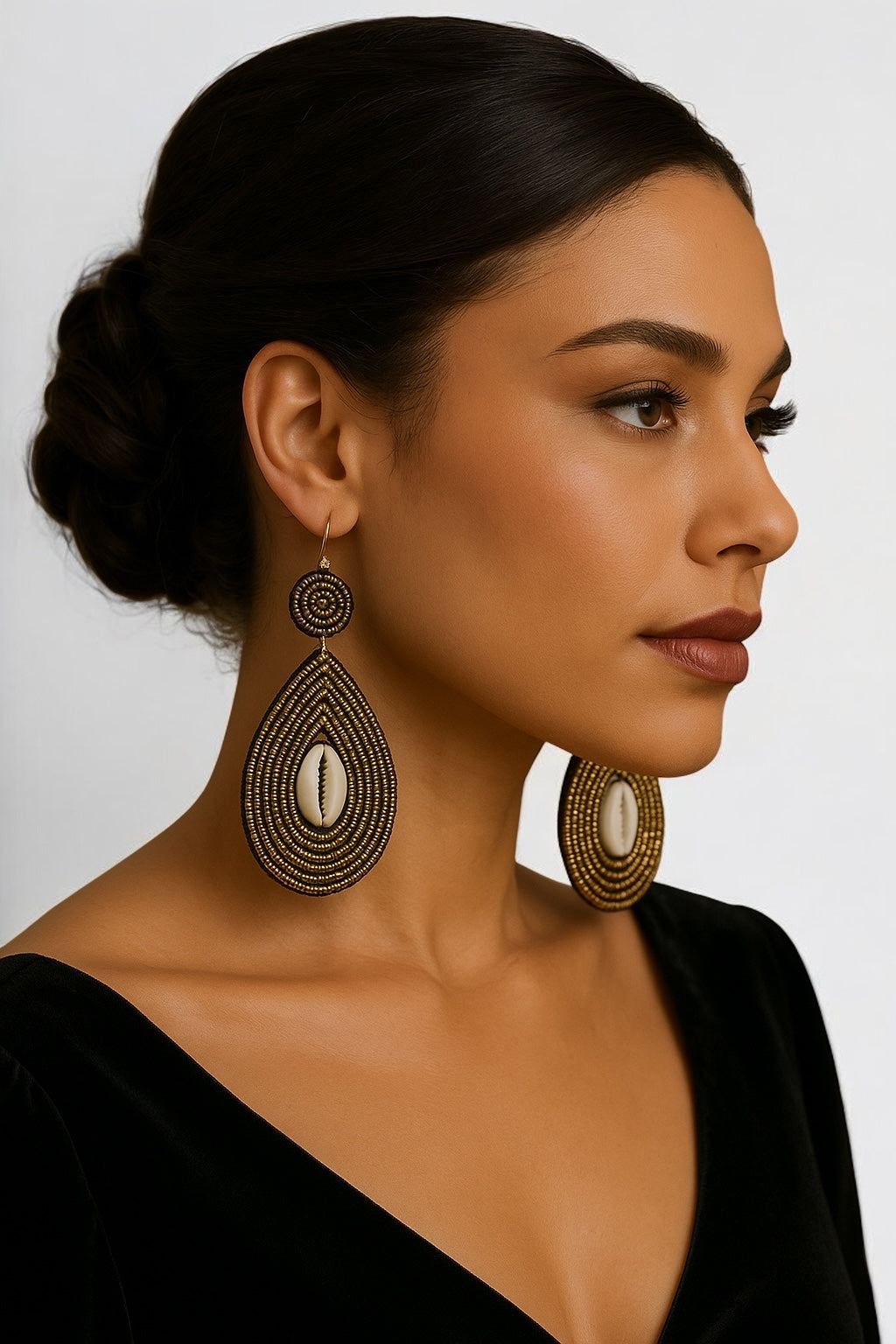 Handmade Gold Beaded Cowrie Shell Earrings – Boho Tribal Drop Jewellery, Island Vibe - Fatisha Boutique #