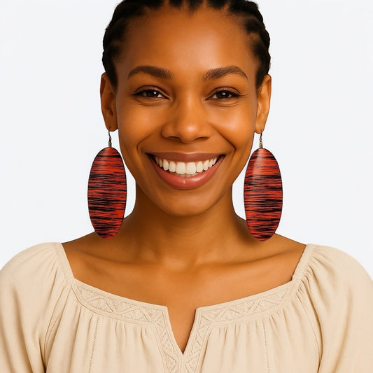 Bold Red & Black Wooden Oval Earrings – Lightweight Boho Ethnic Dangles UK