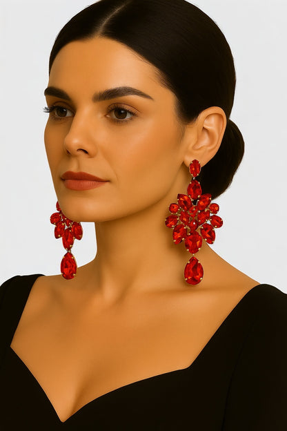 Red Crystal Teardrop Statement Earrings | Bold Glam Gold Chandelier Clip-On or Pierced - Fatisha Boutique #