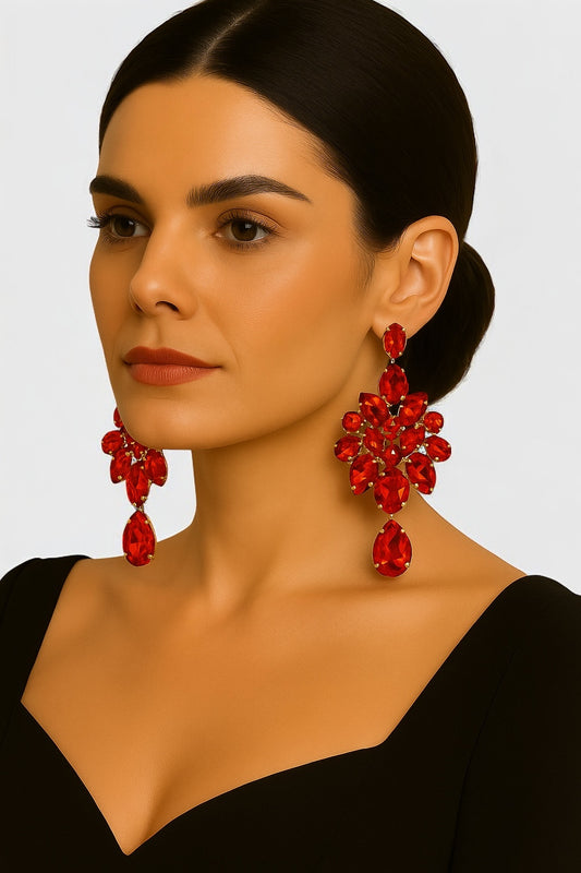 Red Crystal Teardrop Statement Earrings | Bold Glam Gold Chandelier Clip-On or Pierced - Fatisha Boutique #