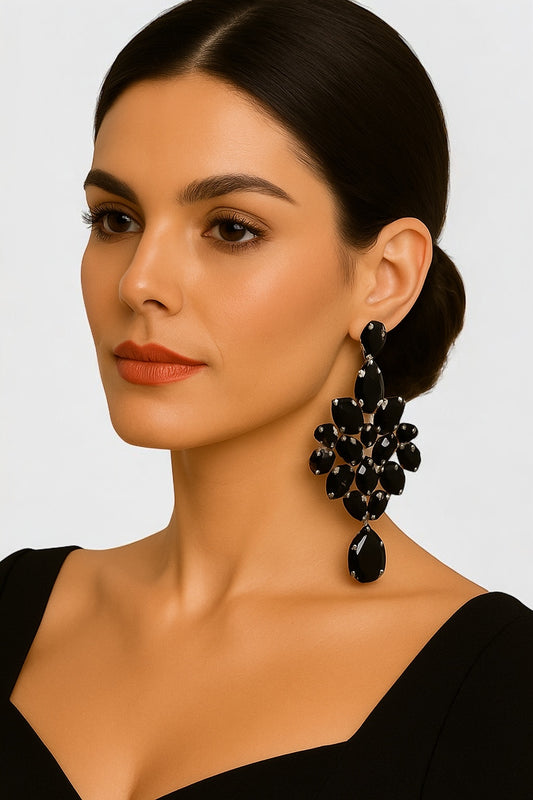 Elegant Black Teardrop Rhinestone Earrings – Crystal Statement Chandelier - Fatisha Boutique #