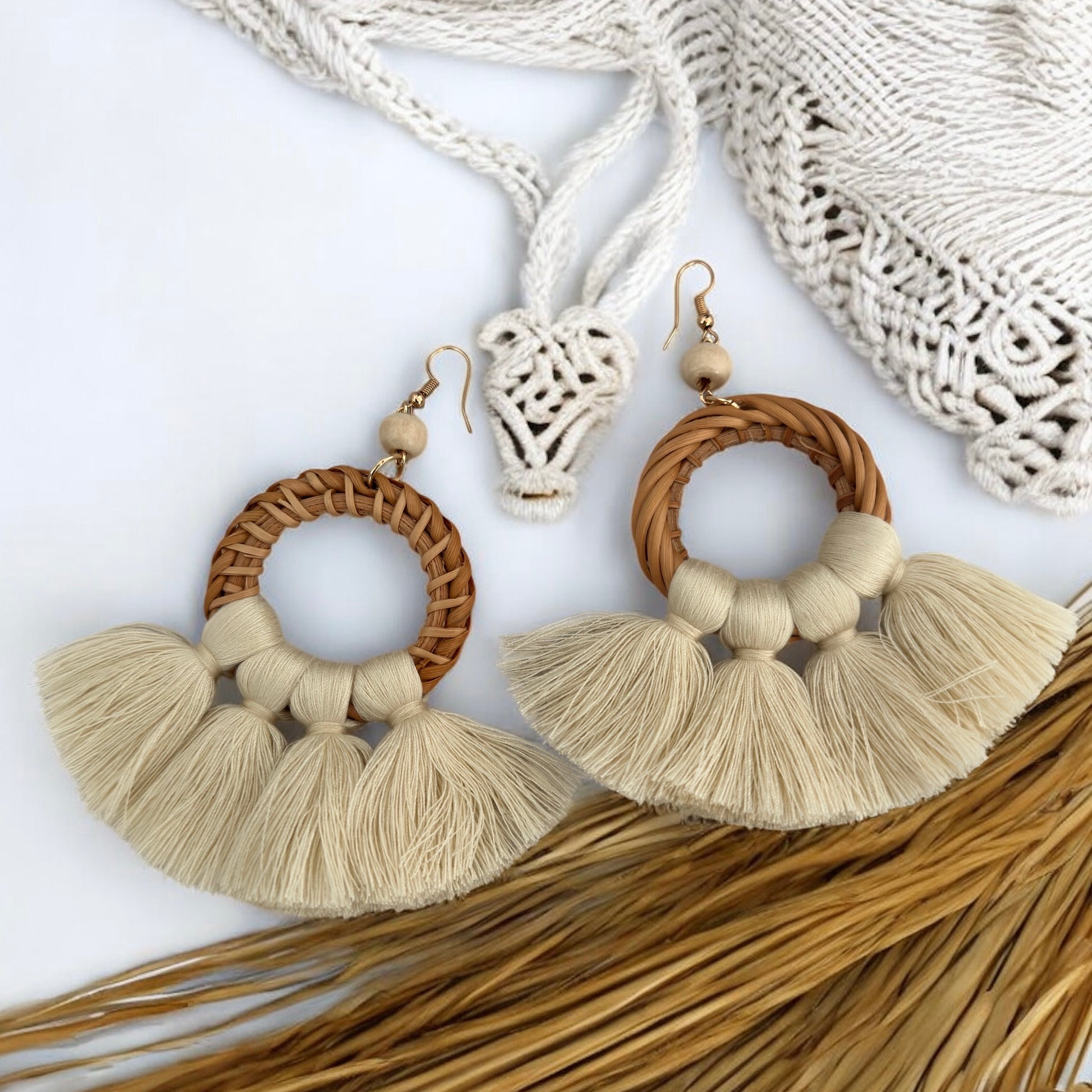 Boho Raffia Tassel Earrings – Handmade Fan Drop Earrings Bohemian Jewellery - Fatisha Boutique #