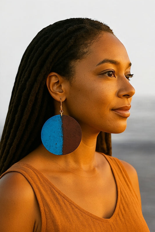 Handcrafted Blue & Burgundy Round Earrings – Bold Brass Dangle Jewellery