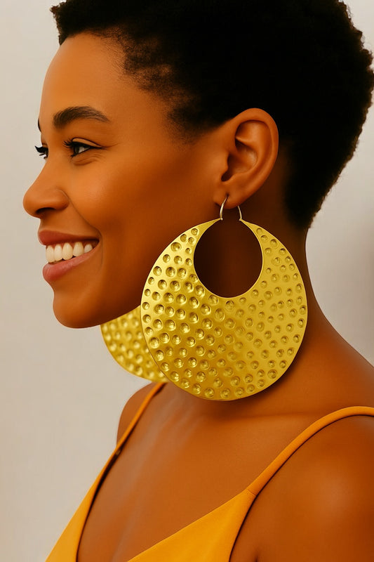 Oversized African Brass Earrings – Bold Hammered Gold Statement Jewellery