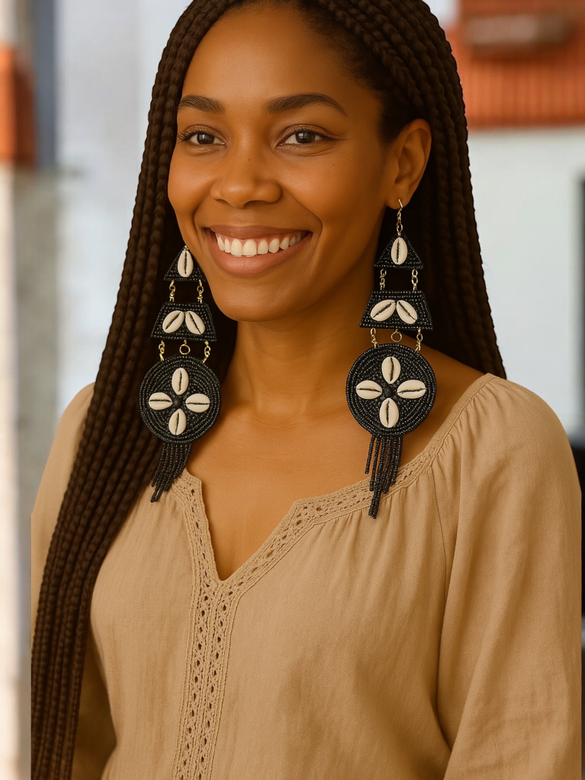 Handmade Beaded Cowrie Shell Earrings – Long African Statement Jewellery - Fatisha Boutique #