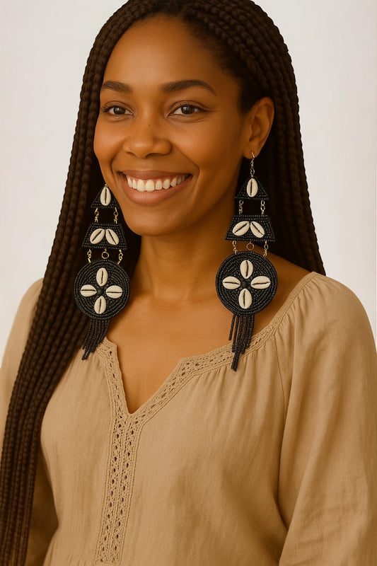 Handmade Beaded Cowrie Shell Earrings – Long African Statement Jewellery - Fatisha Boutique #