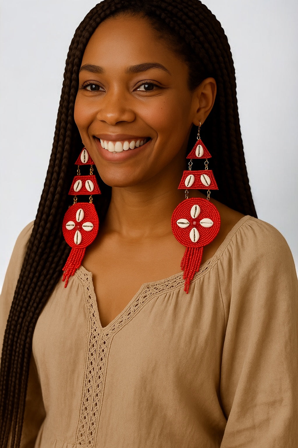Handmade Beaded Cowrie Shell Earrings – Long African Statement Jewellery - Fatisha Boutique #