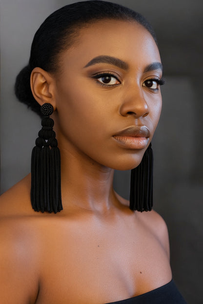 Boho Long Tassel Earrings with Beaded Stud – Bold Fringed Statement Jewellery - Fatisha Boutique #