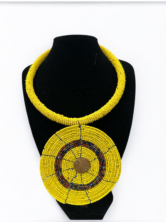 African Yellow Beaded Pendant Necklace – Handmade Tribal Maasai Statement Jewellery - Fatisha Boutique #