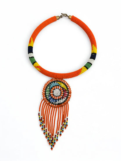 Authentic African Orange Beaded Tassel Necklace – Tribal Handmade Pendant Jewellery - Fatisha Boutique #