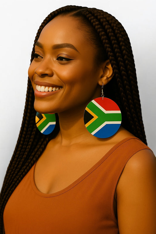 Double-Sided South African Flag Wooden Earrings – Lightweight Afrocentric Statement Jewellery - Fatisha Boutique #