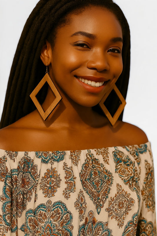 Geometric Wooden Square Dangle Earrings – Handmade Lightweight Boho Jewellery for Women UK - Fatisha Boutique #