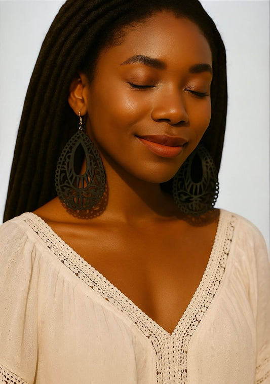 Laser-Cut Wooden Teardrop Earrings – Lightweight Boho Ethnic Style | 2 Colours - Fatisha Boutique #