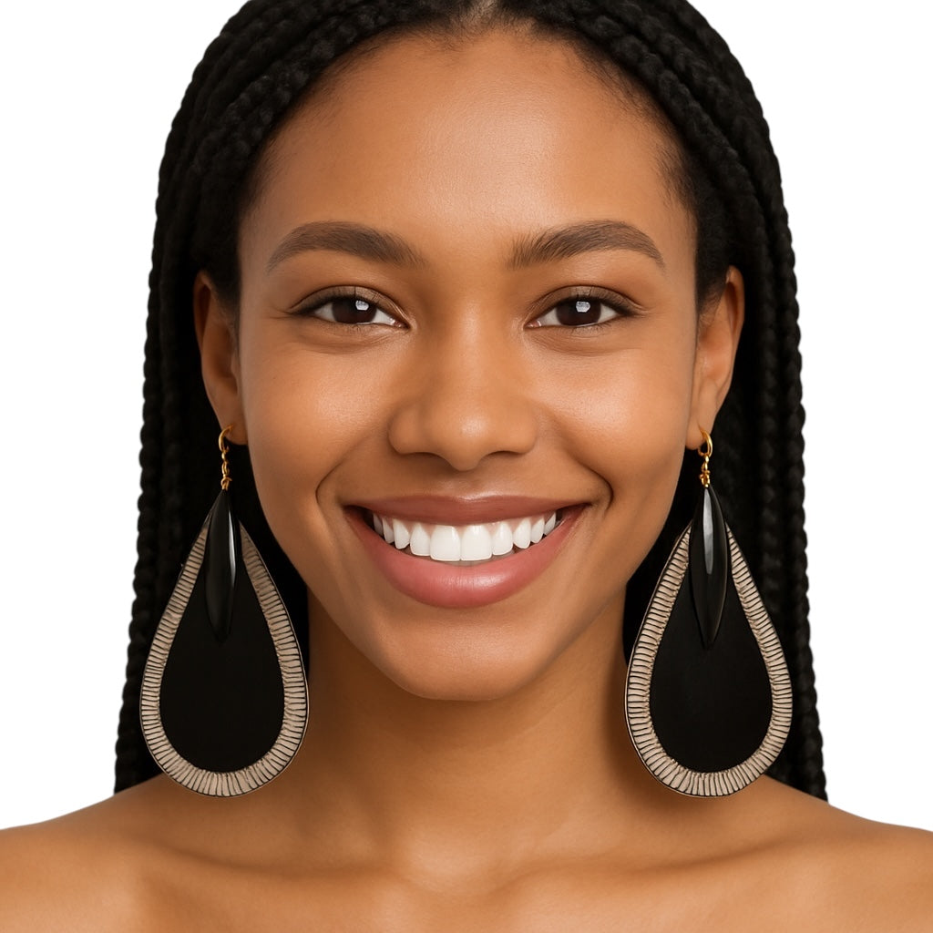 Bohemian Ethnic Black Buffalo Horn Teardrop Earrings – Handmade Natural Tribal Jewellery - Fatisha Boutique #