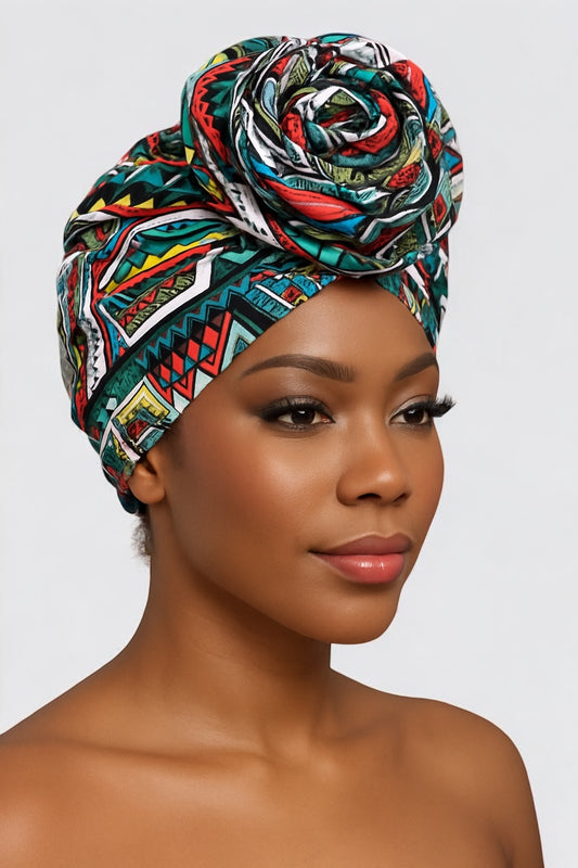 Ankara Print Flower Turban Cap - Double Layered Black Satin Lined Headwrap | Multicolour - Fatisha Boutique #