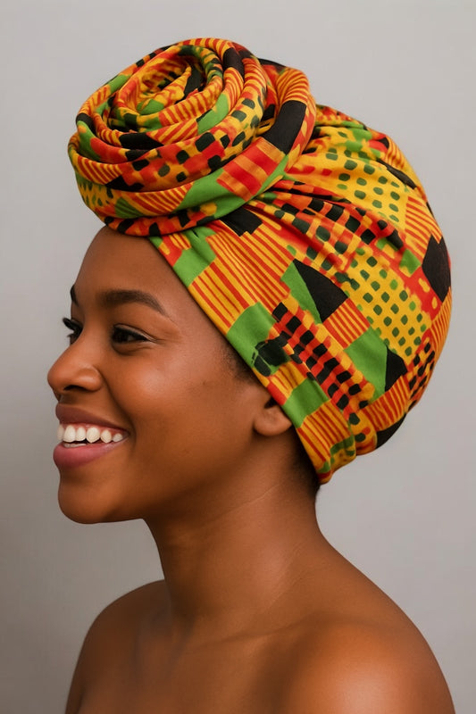 Pre-Tied Double Layered Satin Lined Green Yellow Red Kente Ankara Flower Turban Cap - Fatisha Boutique #