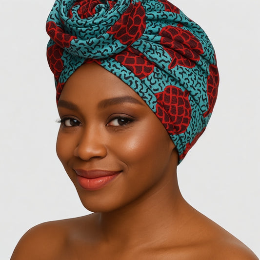 Pre-Tied Ankara Fabric Flower Turban Cap | Double-Layered Satin Lined | Red & Blue Print - Fatisha Boutique #