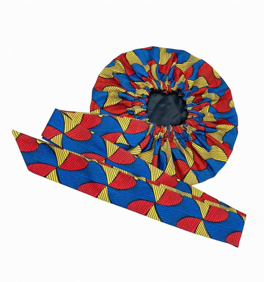 Double-Layered Ankara Satin Bonnet with Long Tie – Convertible Turban Wrap - Fatisha Boutique #