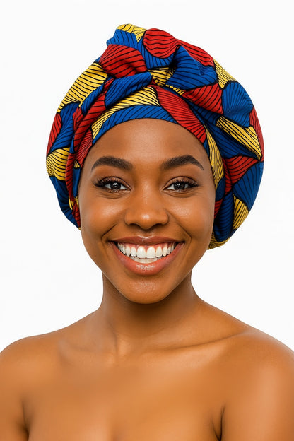 Double-Layered Ankara Satin Bonnet with Long Tie – Convertible Turban Wrap - Fatisha Boutique #