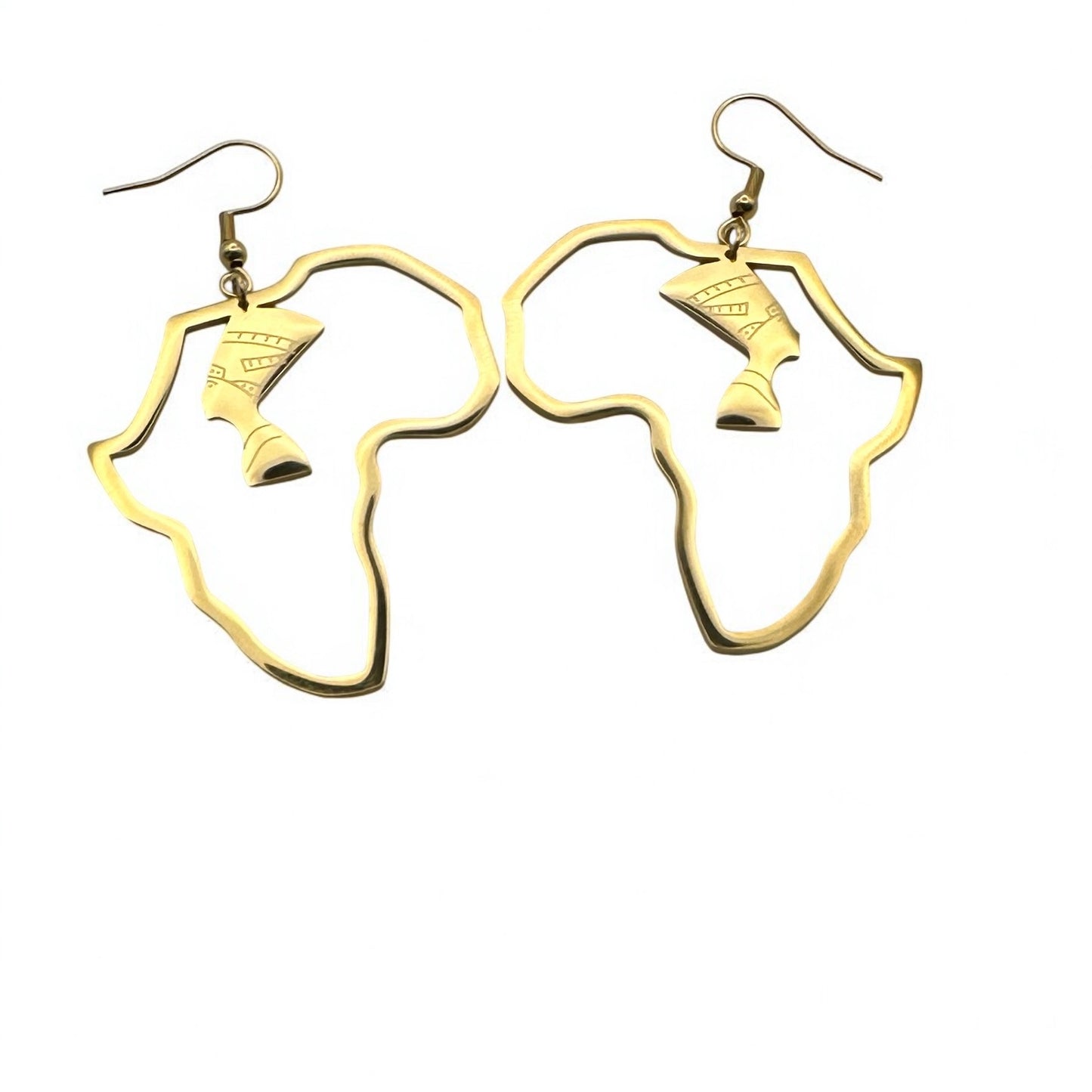 Medium Africa Map Earrings with Queen Nefertiti – Gold or Silver