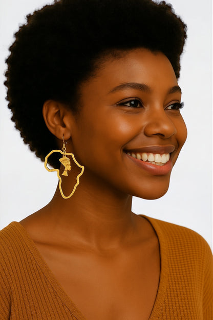 Medium Africa Map Earrings with Queen Nefertiti – Gold or Silver
