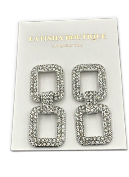 Elegant Diamante Rhinestone Stud Earrings – Glam Sparkle Rectangular Drops - Fatisha Boutique #