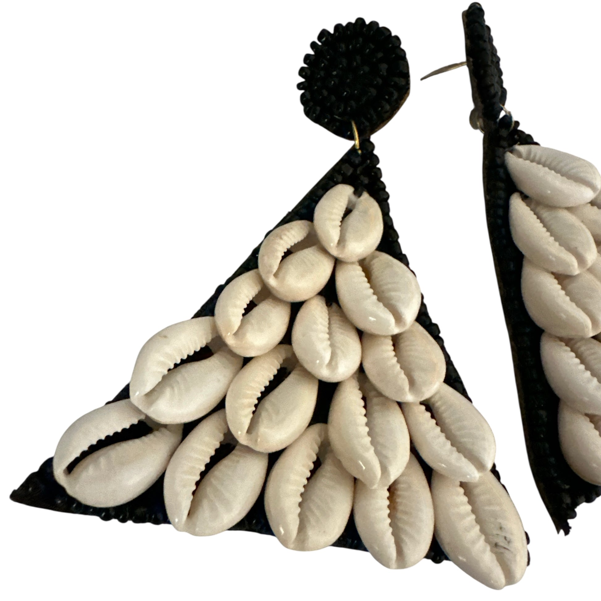 African Cowrie Shell Triangle Earrings – Bold Handmade Beaded Statement Jewellery - Fatisha Boutique #