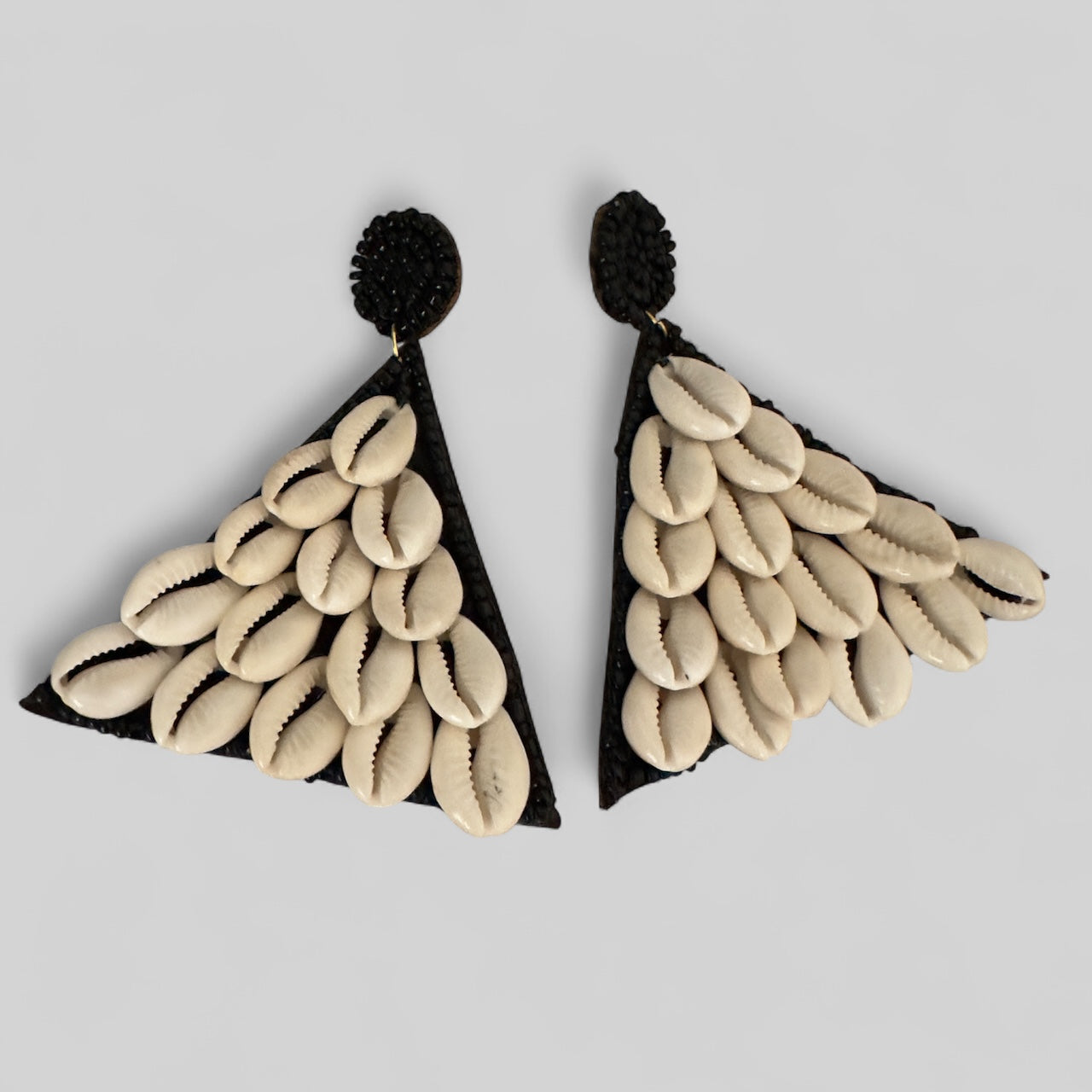 African Cowrie Shell Triangle Earrings – Bold Handmade Beaded Statement Jewellery - Fatisha Boutique #