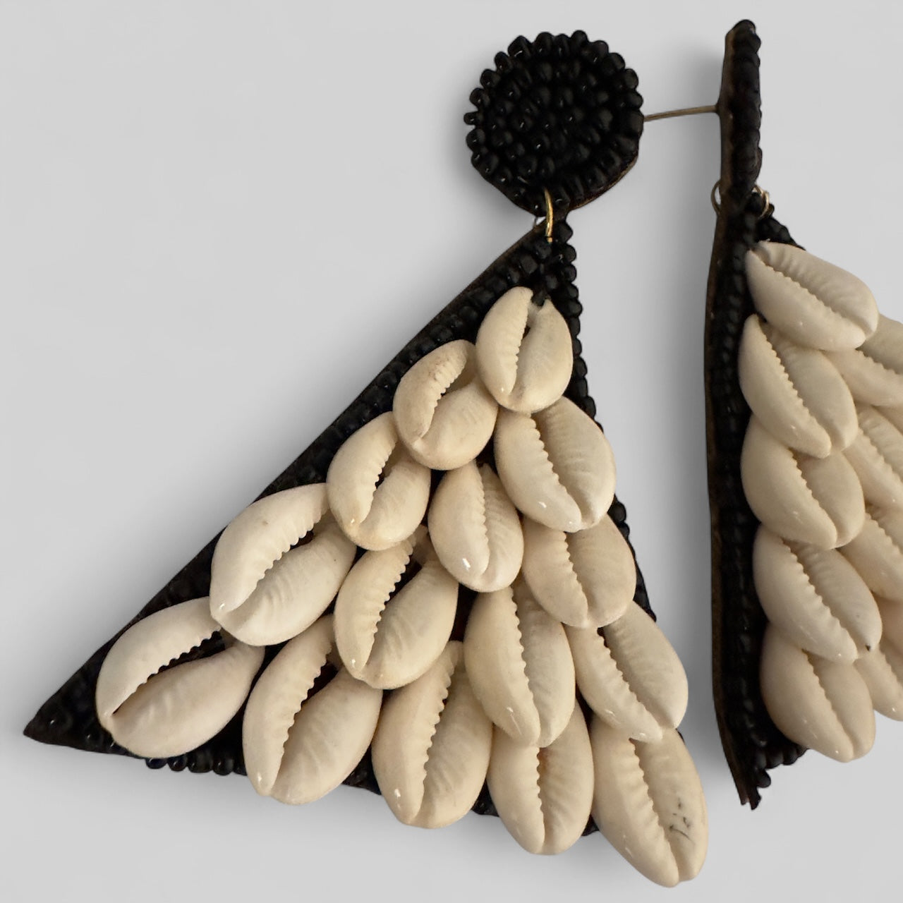 African Cowrie Shell Triangle Earrings – Bold Handmade Beaded Statement Jewellery - Fatisha Boutique #