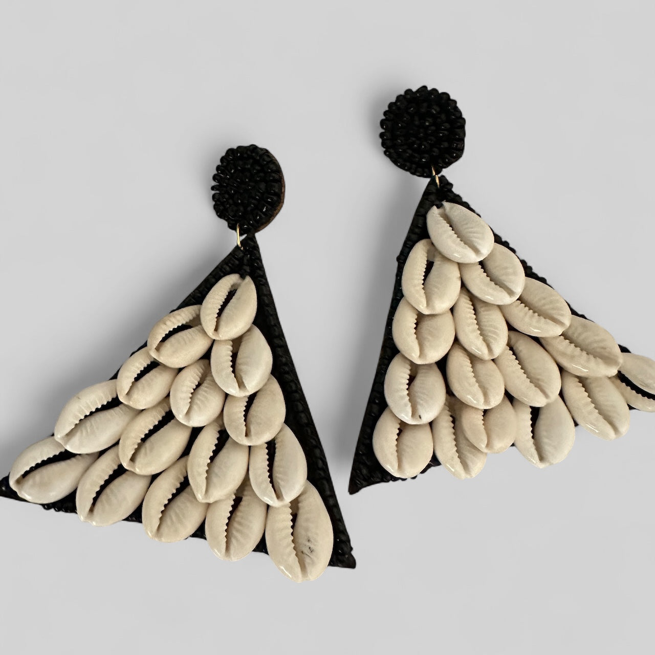 African Cowrie Shell Triangle Earrings – Bold Handmade Beaded Statement Jewellery - Fatisha Boutique #