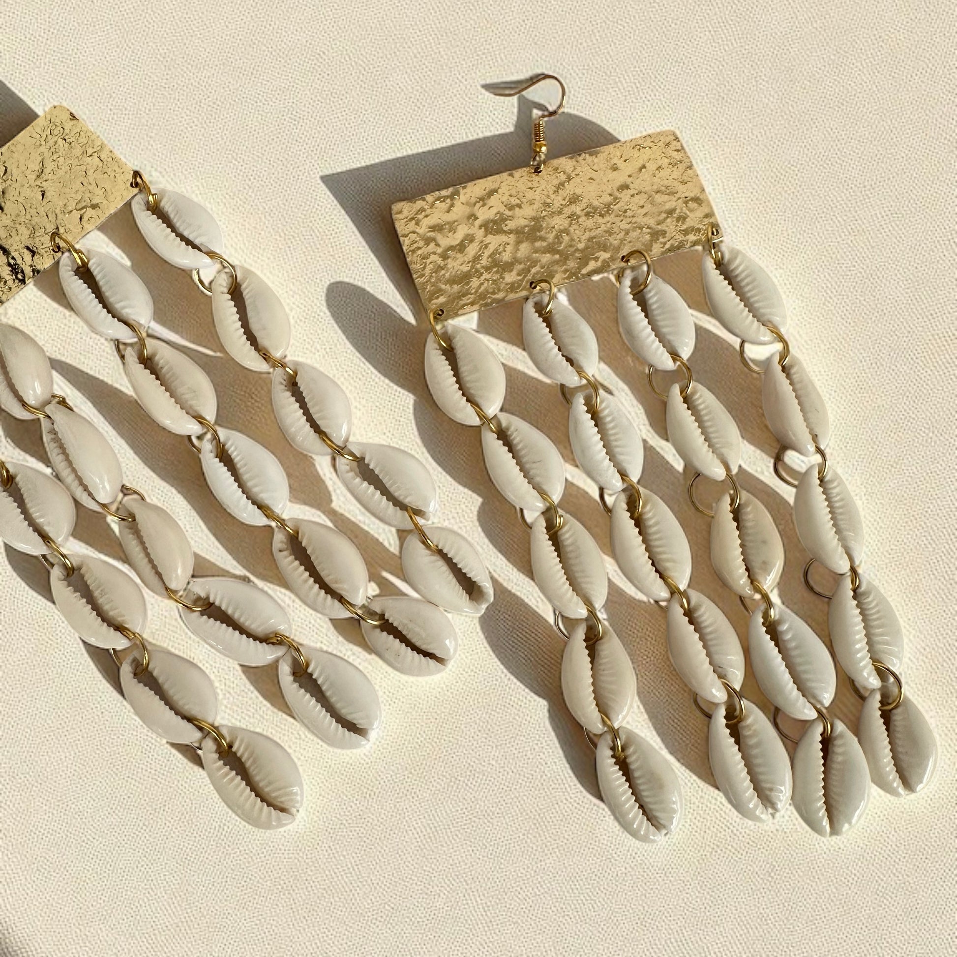 African Cowrie Shell Earrings – Gold Hammered Plate Tribal Statement Jewellery - Fatisha Boutique #