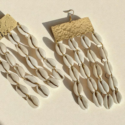 African Cowrie Shell Earrings – Gold Hammered Plate Tribal Statement Jewellery - Fatisha Boutique #