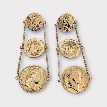 Long Gold Plated Coin Dangle Earrings – Elegant Ancient Roman Style Jewellery - Fatisha Boutique #