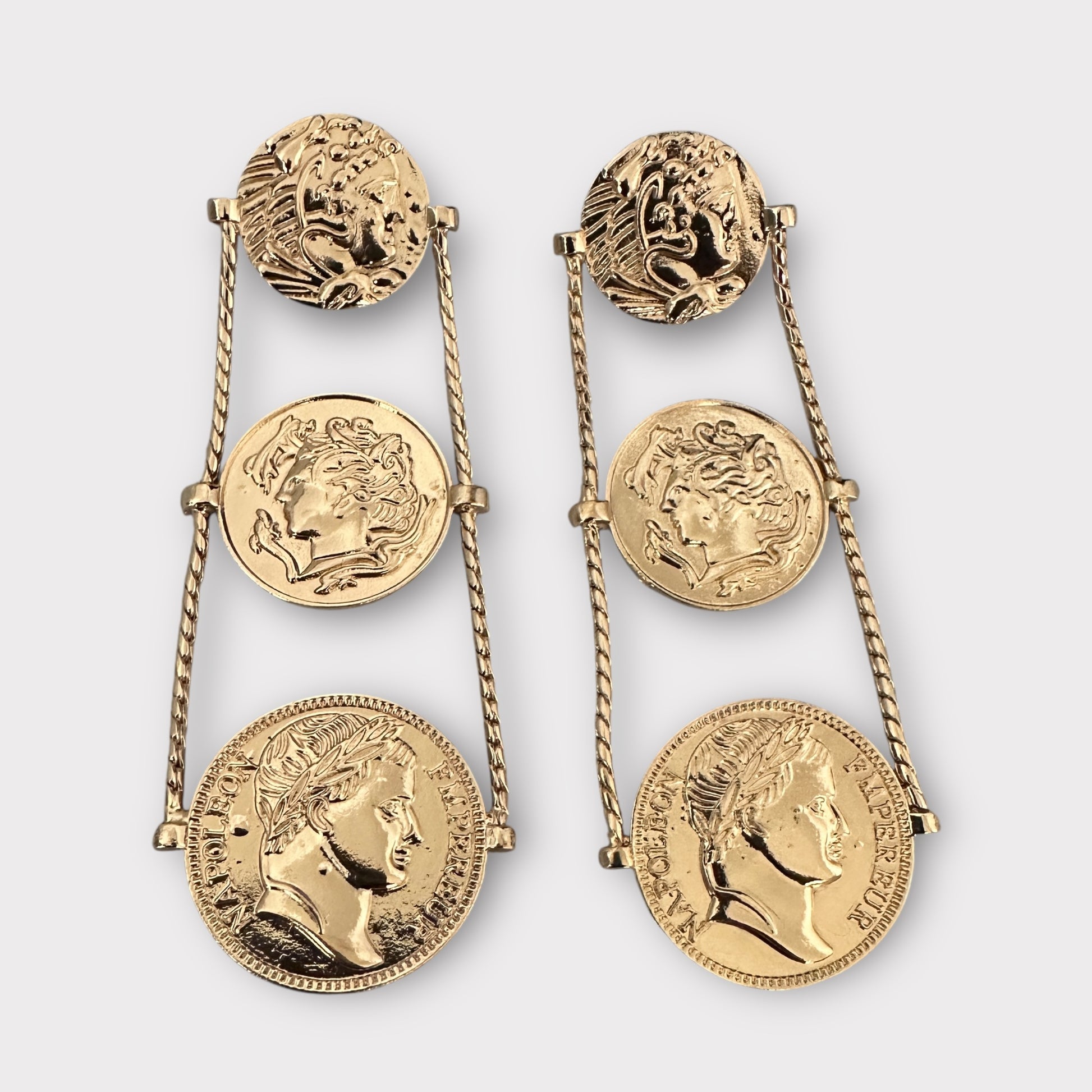 Long Gold Plated Coin Dangle Earrings – Elegant Ancient Roman Style Jewellery - Fatisha Boutique #