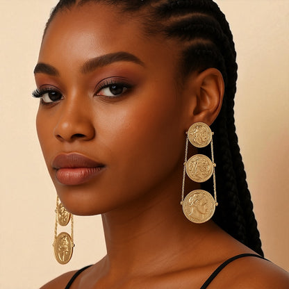 Long Gold Plated Coin Dangle Earrings – Elegant Ancient Roman Style Jewellery - Fatisha Boutique #