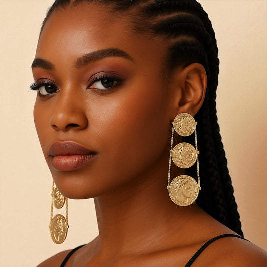 Long Gold Plated Coin Dangle Earrings – Elegant Ancient Roman Style Jewellery - Fatisha Boutique #