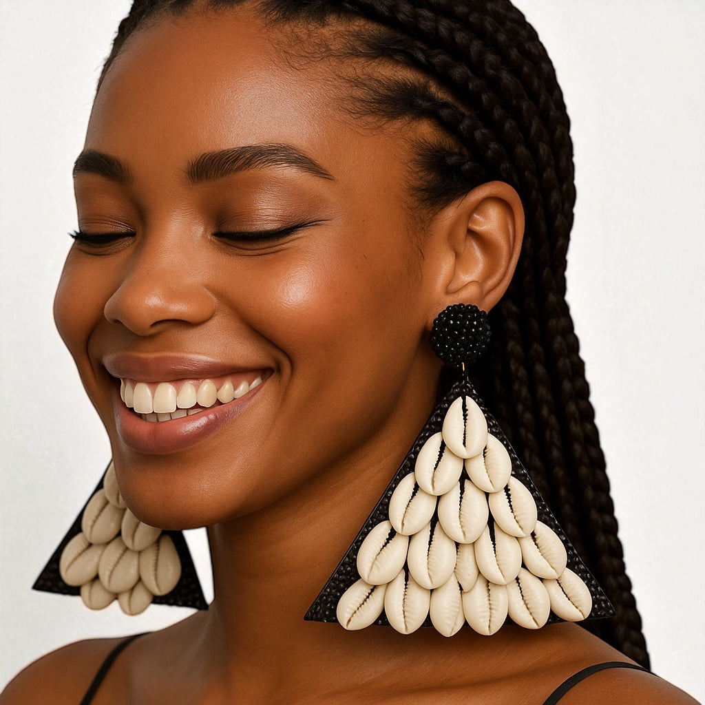 African Cowrie Shell Triangle Earrings – Bold Handmade Beaded Statement Jewellery - Fatisha Boutique