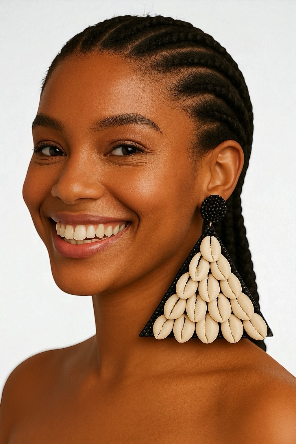 African Cowrie Shell Triangle Earrings – Bold Handmade Beaded Statement Jewellery - Fatisha Boutique