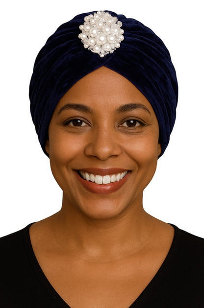 Elegant Velvet Turban Cap with Pearl Beads – Pre-Tied, Lightweight, Ready to Wear Headwrap for Women - Fatisha Boutique #