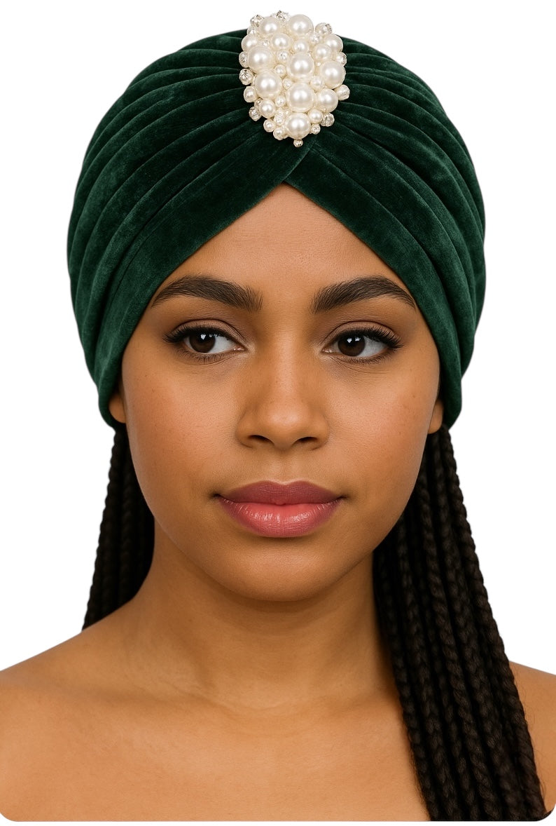 Elegant Velvet Turban Cap with Pearl Beads – Pre-Tied, Lightweight, Ready to Wear Headwrap for Women - Fatisha Boutique #