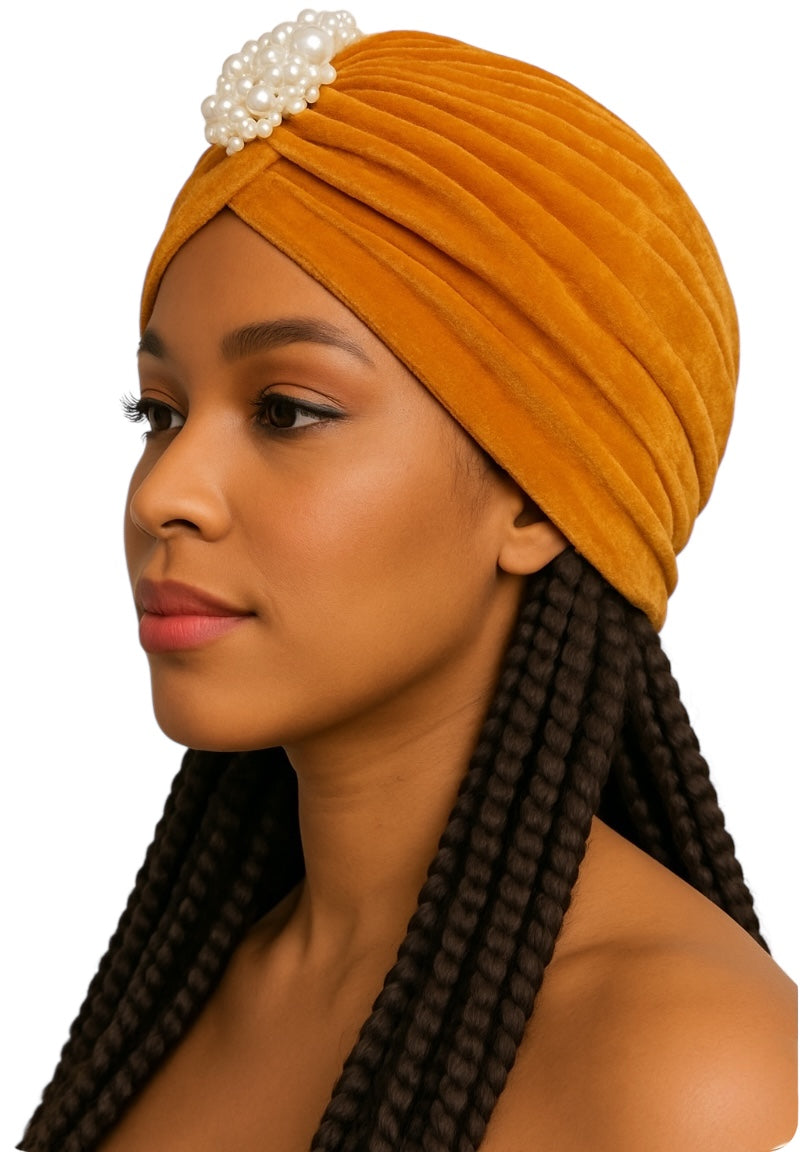 Elegant Velvet Turban Cap with Pearl Beads – Pre-Tied, Lightweight, Ready to Wear Headwrap for Women - Fatisha Boutique #